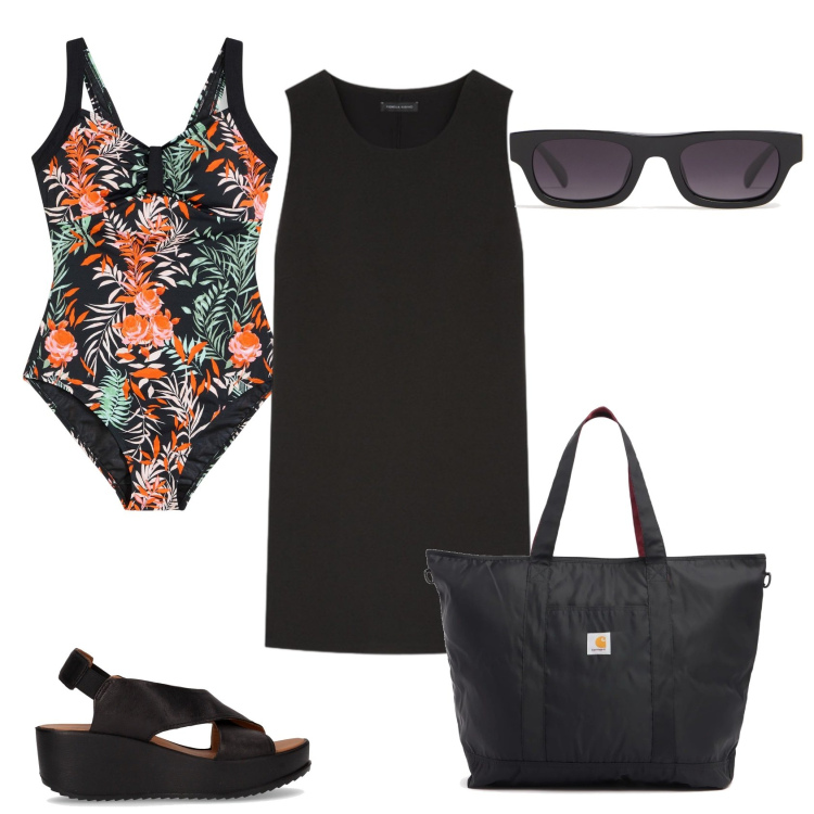 Outfit donna - Porto la nonna al mare. Stile Casual per Mare. Abbinamento con costumi interi, vestiti corti, sandali, occhiali da sole, shopping bag.