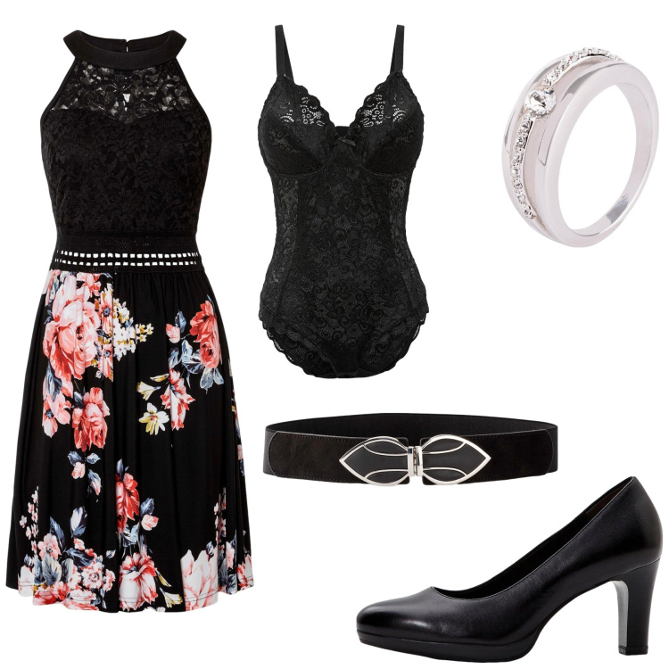 Outfit donna - Total look #2207650. Stile Sexy per Serata fuori. Abbinamento con anelli, body, vestiti, cinture, décolleté.