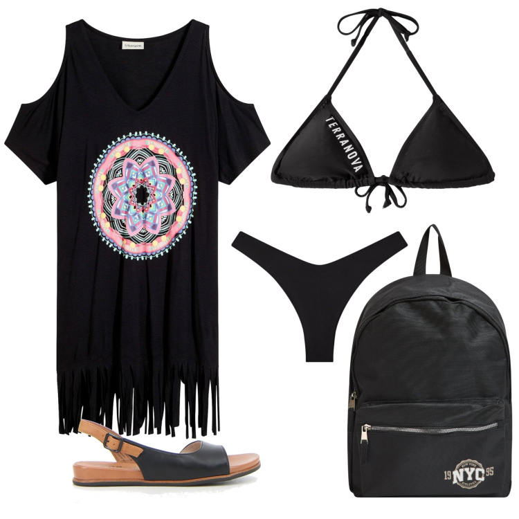 Outfit donna - L\'amica estrosa in vacanza. Stile Casual per Mare. Abbinamento con vestiti da spiaggia, bikini, bikini, zaini, sandali.