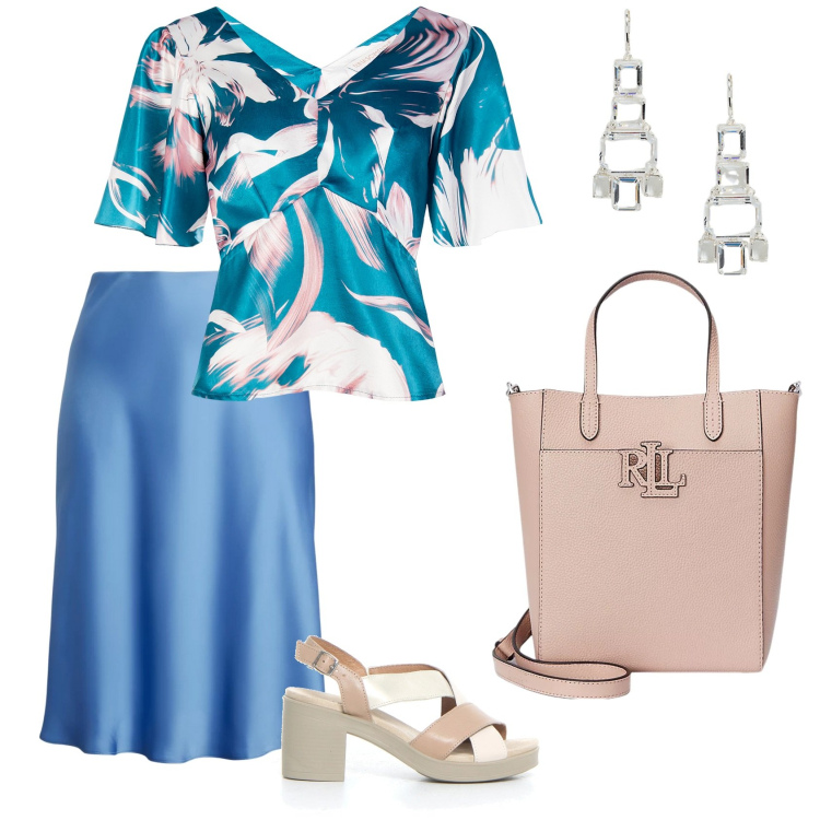 Outfit donna - Total look #2207653. Stile Casual chic per Ufficio. Abbinamento con bluse, orecchini, gonne, borse tote, sandali col tacco.