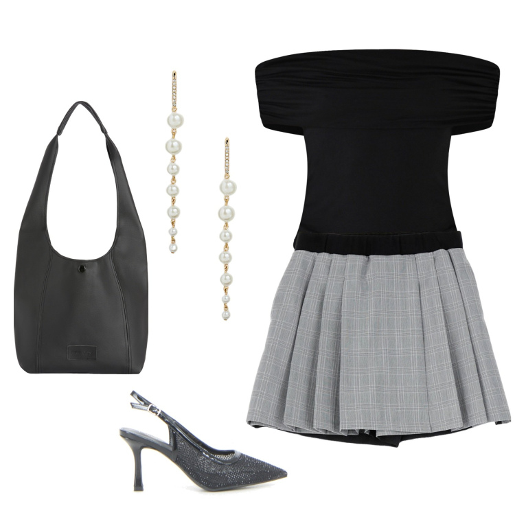 Outfit donna - Chic di sera con un piccolo budget. Stile Chic per Serata fuori. Abbinamento con top, gonne, borse a spalla, orecchini, décolleté.