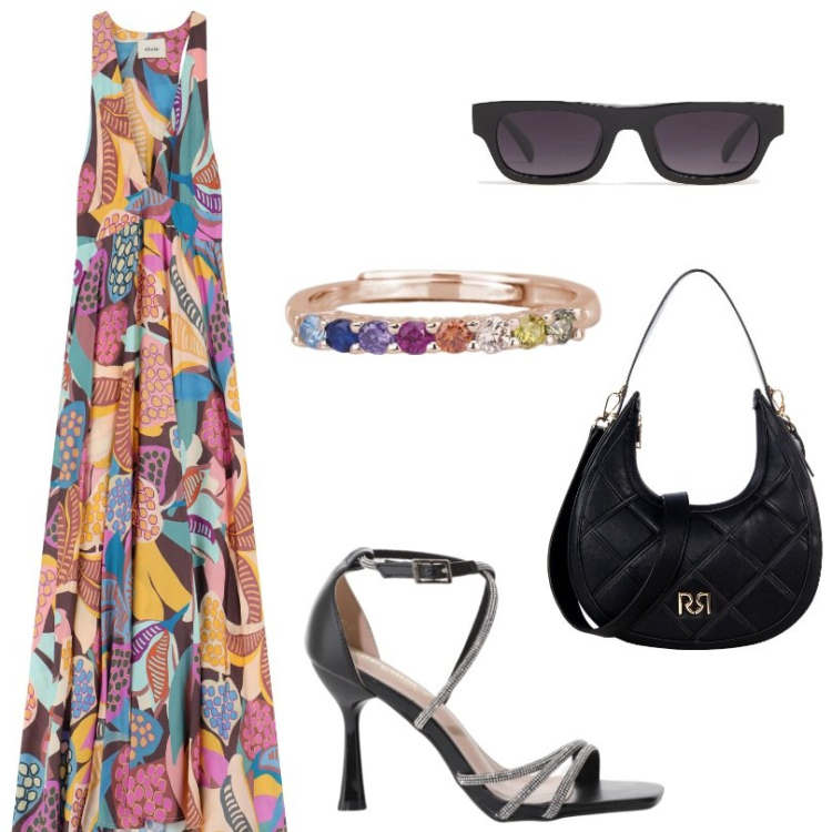 Outfit donna - Multicolor. Stile Trendy per Serata fuori. Abbinamento con anelli, borse a tracolla, sandali col tacco, vestiti lunghi, occhiali da sole.