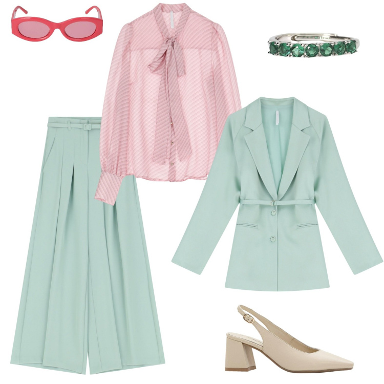 Outfit donna - ARMONIA CROMATICA 01_complementare. Stile Romantica per Ufficio. Abbinamento con décolleté, anelli, pantaloni, blazer, camicie, occhiali da sole.