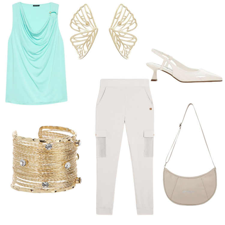 Outfit donna - Semplice e curato. Stile Casual chic per Tutti i giorni. Abbinamento con décolleté, pantaloni cargo, borse a spalla, braccialetti, orecchini, top.