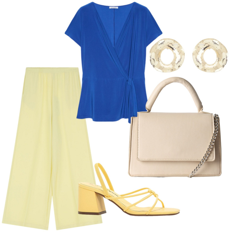 Outfit donna - Un giorno qualsiasi. per Tutti i giorni. Abbinamento con sandali col tacco, borse a tracolla, pantaloni, orecchini, bluse.