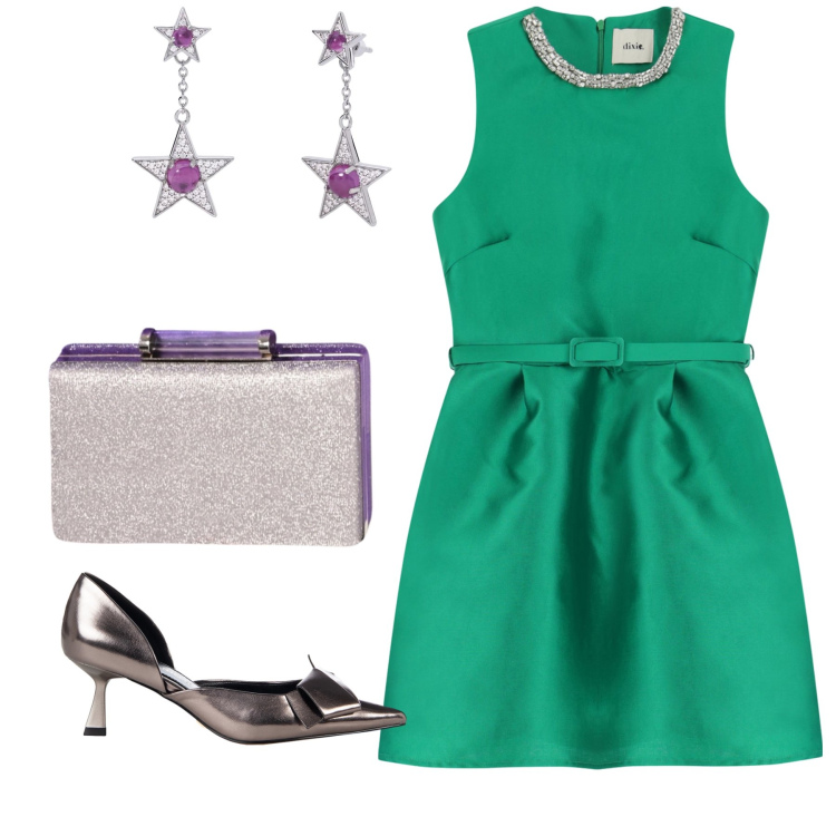 Outfit donna - Verde e lilla so chic. Stile Bon Ton per Cerimonia. Abbinamento con orecchini, décolleté, pochette, vestiti corti.