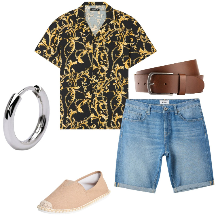 Outfit uomo - Easy night. Stile Casual per Tutti i giorni. Abbinamento con cinture, camicie a manica corta, espadrillas, bermuda, orecchini.