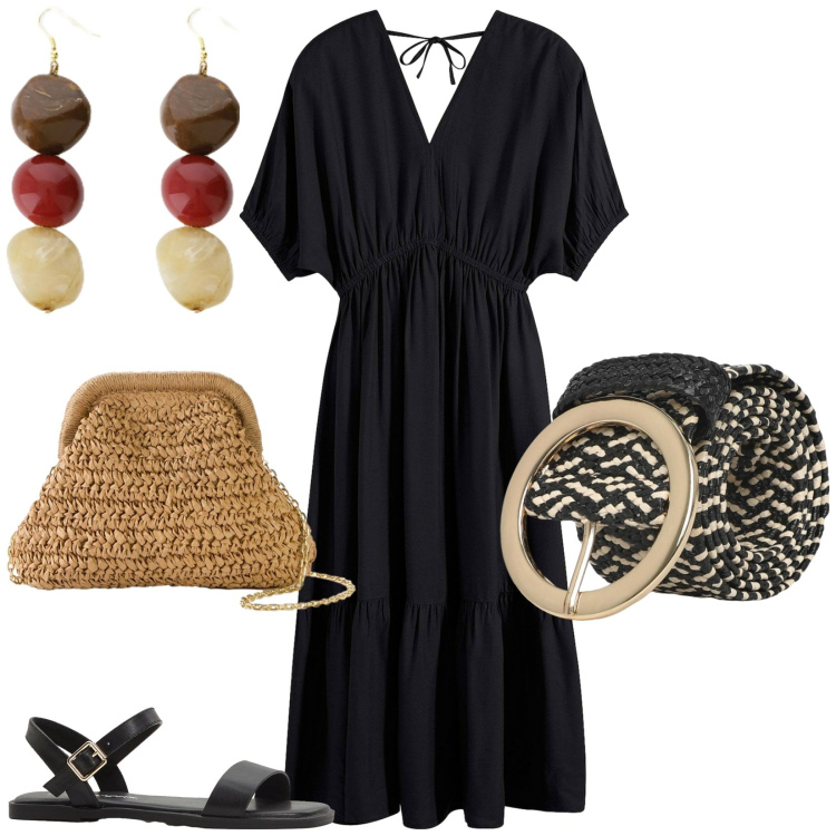 Outfit donna - Total look #2207705. Stile Casual per Tutti i giorni. Abbinamento con vestiti midi/longuette, borse a tracolla, sandali, cinture, orecchini.