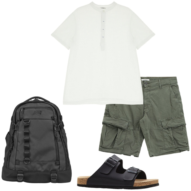 Outfit uomo - La t-shirt giusta. Stile Casual per Tutti i giorni. Abbinamento con sandali, borse sportive, t-shirt, bermuda.