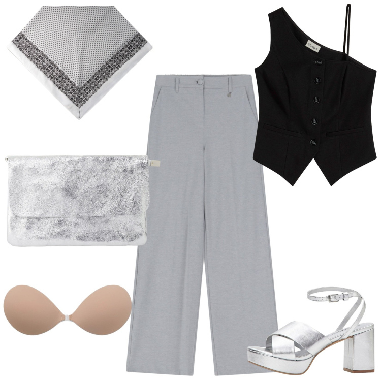 Outfit donna - Total look #2207710. Stile Casual chic per Serata fuori. Abbinamento con gilet, sandali col tacco, reggiseni a balconcino, pantaloni, borse a tracolla, foulard.