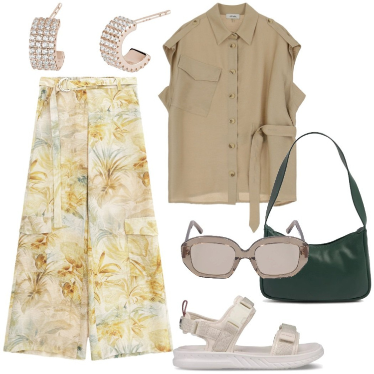 Outfit donna - I cargo stampa tropicale da città. Stile Urban per Tutti i giorni. Abbinamento con orecchini, sandali, pantaloni, camicie, occhiali da sole, borse a spalla.