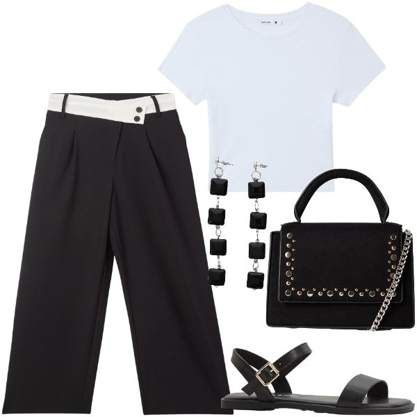 Outfit donna - Bianco e nero. Stile Basic per Tutti i giorni. Abbinamento con sandali, pantaloni, t-shirt, borse a tracolla, orecchini.