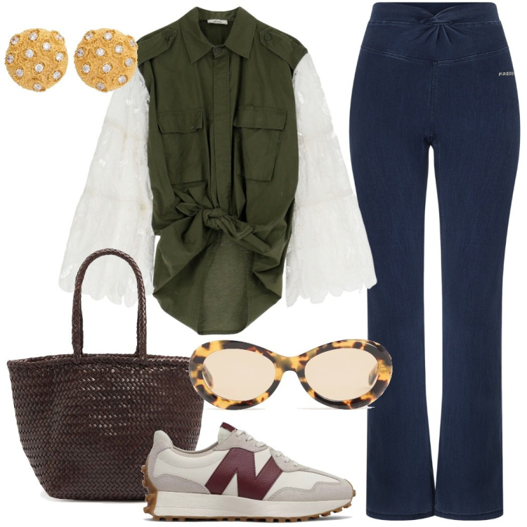Outfit donna - Estate in città. Stile Casual chic per Tutti i giorni. Abbinamento con sneakers, jeggings, camicie, borse a secchiello, orecchini, occhiali da sole.