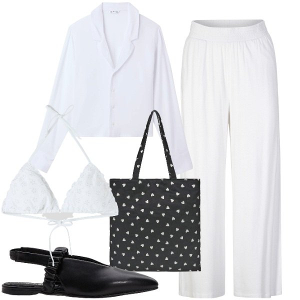 Outfit donna - Bianco e nero. Stile Basic per Mare. Abbinamento con pantaloni, ballerine, camicie, bikini, borse tote.