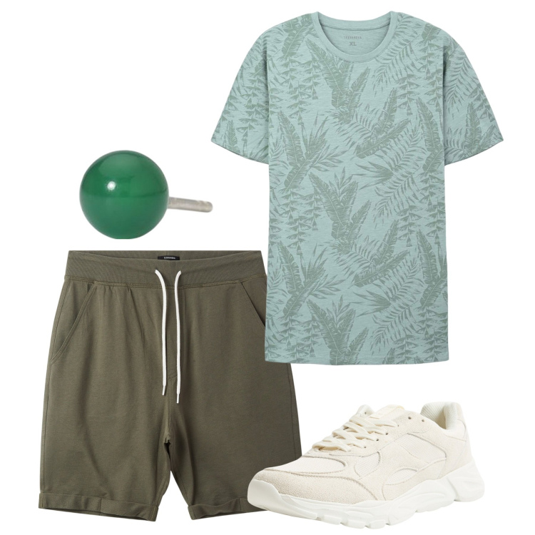 Outfit uomo - Luglio. Stile Casual per Tutti i giorni. Abbinamento con pantaloni corti, sneakers, t-shirt, orecchini.