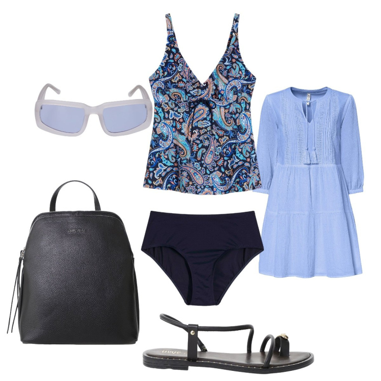 Outfit donna - L’originale costume… intero. Stile Casual chic per Mare. Abbinamento con vestiti da spiaggia, costumi interi, zaini, sandali, occhiali da sole.