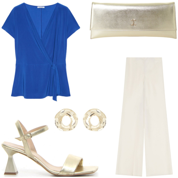 Outfit donna - Notti estive. Stile Glamour per Serata fuori. Abbinamento con pantaloni, pochette, orecchini, bluse, sandali col tacco.