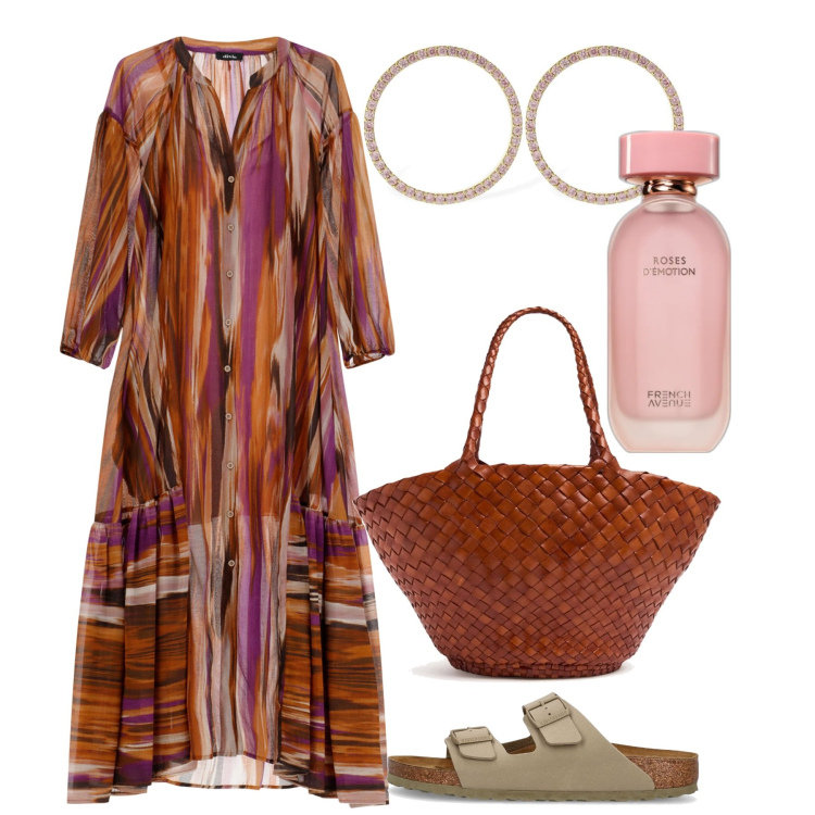 Outfit donna - Syros. Stile Etnico per Serata fuori. Abbinamento con profumi, vestiti lunghi, orecchini, shopping bag, sandali.
