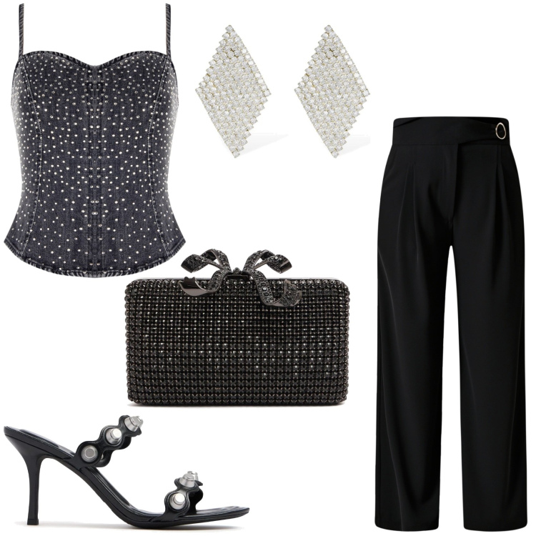 Outfit donna - Serata chic. Stile Chic per Serata fuori. Abbinamento con pantaloni a palazzo, top, orecchini, pochette, sandali in pelle.