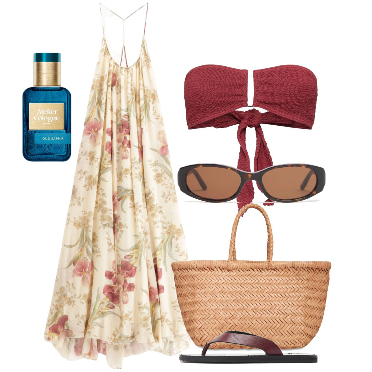Outfit donna - Kea. Stile Chic per Mare. Abbinamento con profumi, vestiti lunghi, shopping bag, bikini, occhiali da sole, ciabatte.