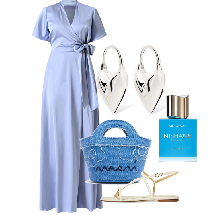 Outfit donna - Kythnos. Stile Chic per Serata fuori. Abbinamento con profumi, vestiti lunghi, borse a mano, sandali in pelle, orecchini.