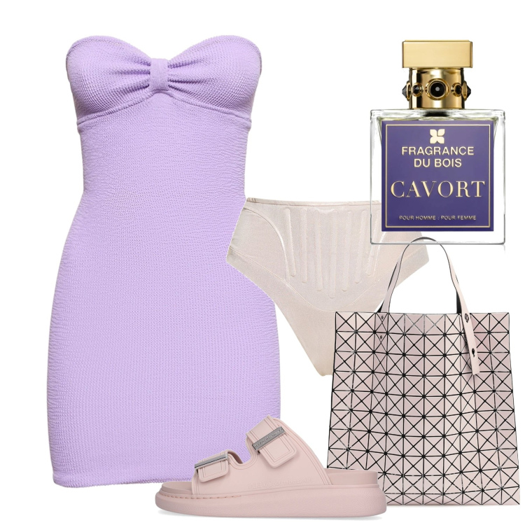Outfit donna - Serifos. Stile Chic per Mare. Abbinamento con profumi, vestiti, shopping bag, sandali, bikini.