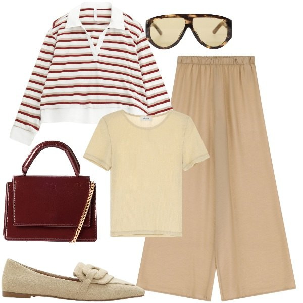 Outfit donna - Settembre. Stile Minimal per Tutti i giorni. Abbinamento con mocassini, borse a tracolla, occhiali da sole, maglieria, pantaloni, t-shirt.