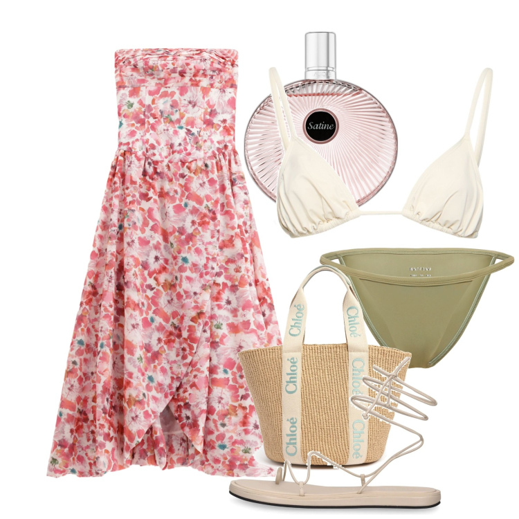 Outfit donna - Sifnos. Stile Chic per Mare. Abbinamento con profumi, vestiti lunghi, sandali in pelle, bikini, bikini, shopping bag.