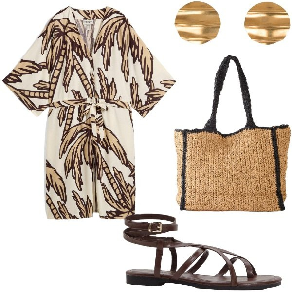 Outfit donna - Outifit di luglio. Stile Casual per Tutti i giorni. Abbinamento con vestiti corti, sandali, shopping bag, orecchini.