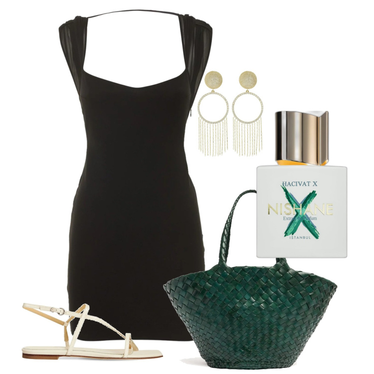 Outfit donna - Kimolos. Stile Chic per Serata fuori. Abbinamento con profumi, shopping bag, sandali in pelle, orecchini, vestiti.