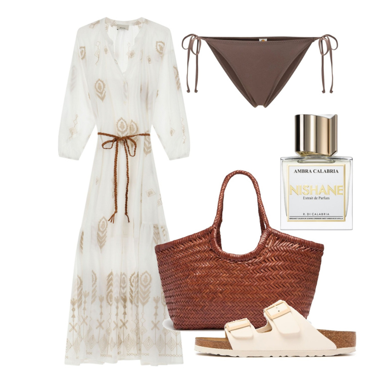 Outfit donna - Antiparos. Stile Romantica per Serata fuori. Abbinamento con profumi, vestiti lunghi, shopping bag, bikini, sandali.