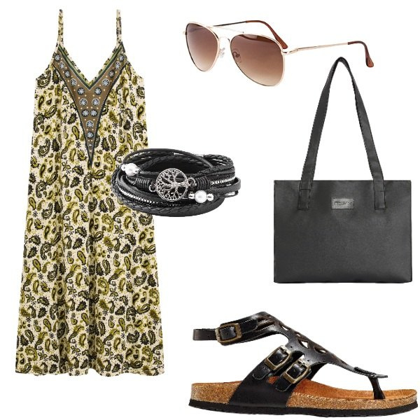 Outfit donna - Outifit di luglio. Stile Casual per Tutti i giorni. Abbinamento con occhiali da sole, braccialetti, sandali in pelle, vestiti, shopping bag.