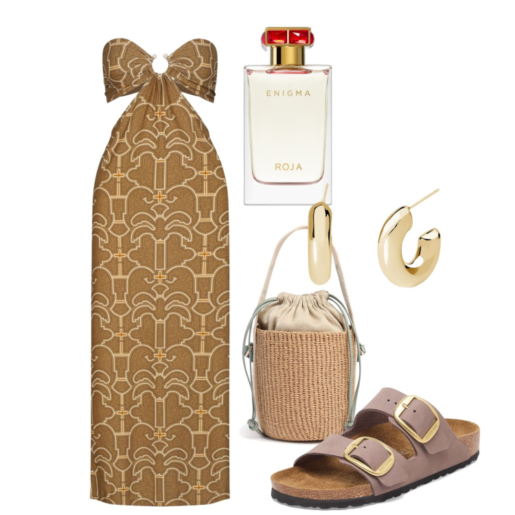 Outfit donna - Folegandros. Stile Chic per Serata fuori. Abbinamento con profumi, orecchini, vestiti, sandali, borse a secchiello.