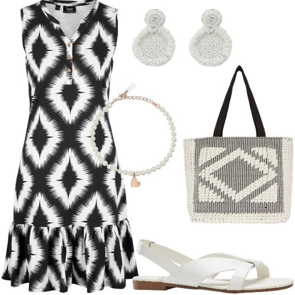 Outfit donna - Le serate di Luglio. Stile Casual per Tutti i giorni. Abbinamento con vestiti, sandali, braccialetti, orecchini, shopping bag.