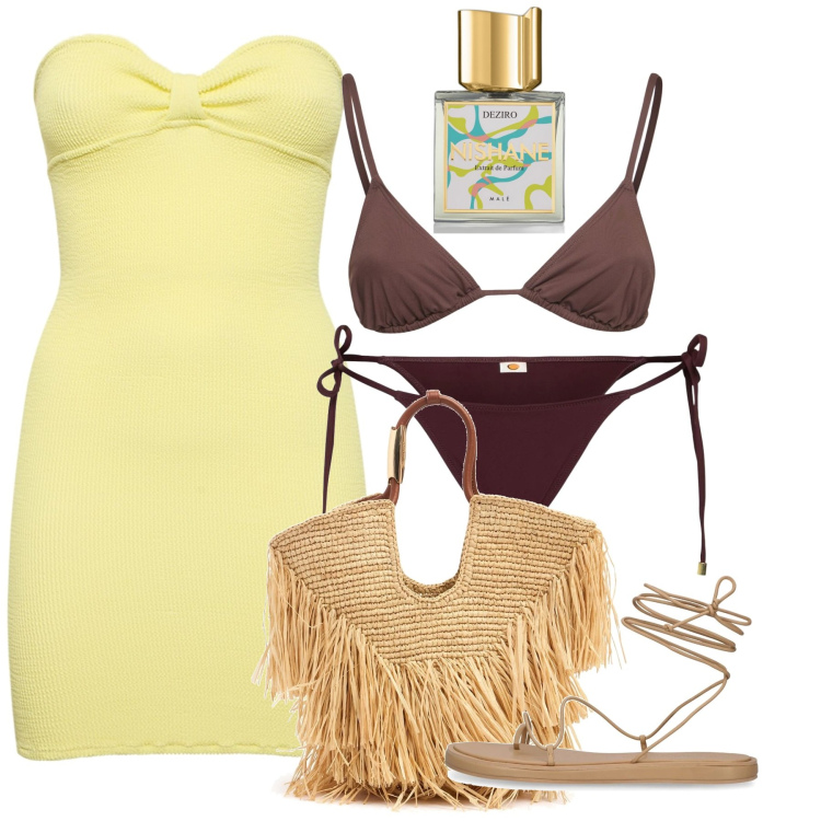 Outfit donna - Sikinos. Stile Chic per Mare. Abbinamento con profumi, bikini, vestiti, sandali in pelle, bikini, borse tote.