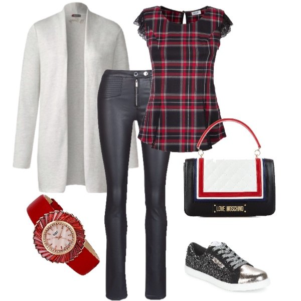 Outfit donna - Sneakers per ogni stagione. Stile Urban per Tutti i giorni. Abbinamento con scarpe nero, pantalone nero, t-shirt con pizzo argento, t-shirt melange bianco, orologio analogico rosso, borsa a tracolla con manico e zip in pelle sintetica con bottoni nero.