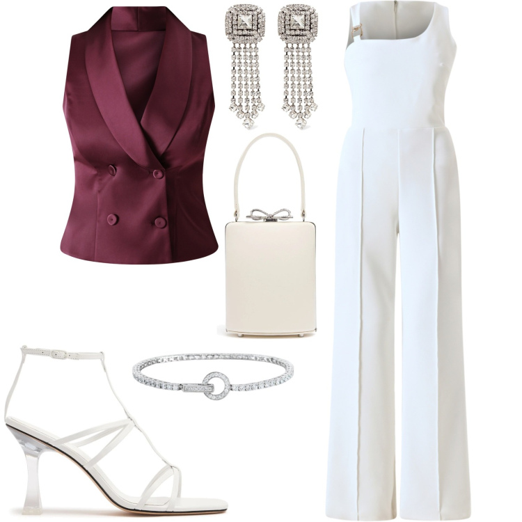 Outfit donna - Total look #2207781. Stile Glamour per Serata fuori. Abbinamento con braccialetti, tute, gilet, orecchini, sandali in pelle, borse a mano.