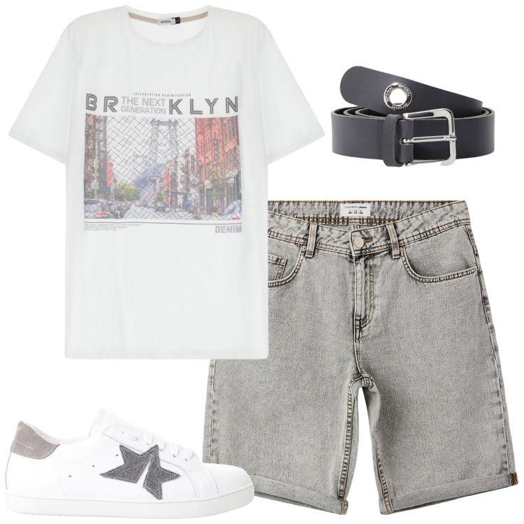 Outfit uomo - Luglio. Stile Casual per Tutti i giorni. Abbinamento con bermuda, cinture, sneakers, t-shirt.