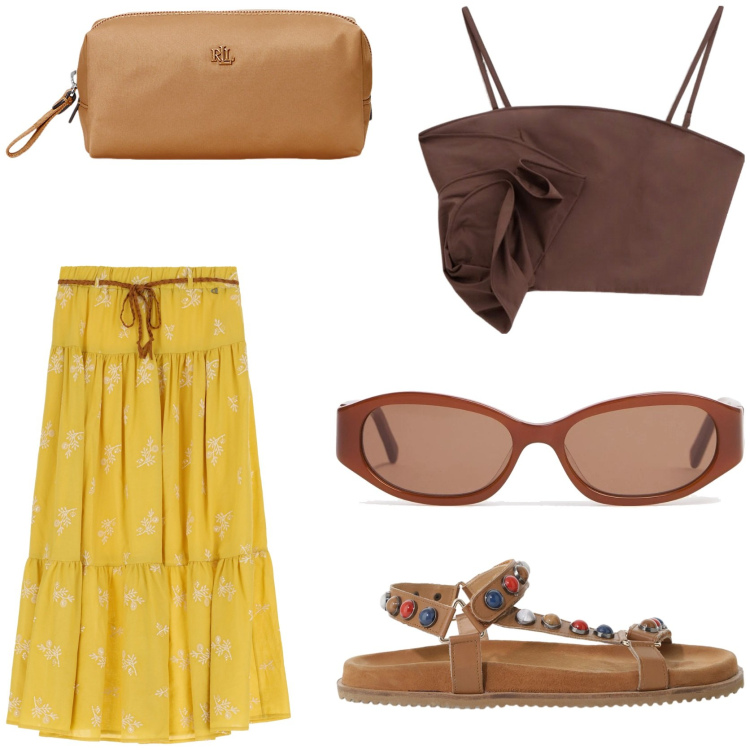 Outfit donna - Gypsy girl. Stile Etnico per Tutti i giorni. Abbinamento con top, gonne lunghe, sandali, pochette, occhiali da sole.