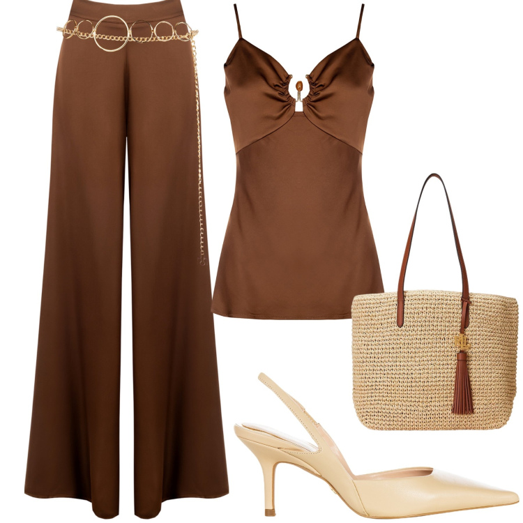 Outfit donna - Tabacco e beige. Stile Casual chic per Serata fuori. Abbinamento con cinture, pantaloni a palazzo, top, décolleté, borse tote.