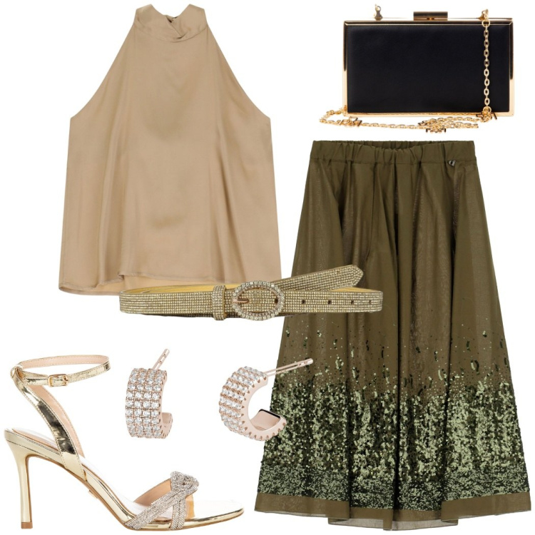 Outfit donna - Gonna da sera. Stile Chic per Serata fuori. Abbinamento con cinture, orecchini, pochette, sandali col tacco, top, gonne lunghe.