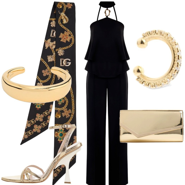 Outfit donna - Risplendere sotto le stelle. Stile Chic per Serata fuori. Abbinamento con tute, sandali col tacco, foulard, pochette, braccialetti, orecchini.