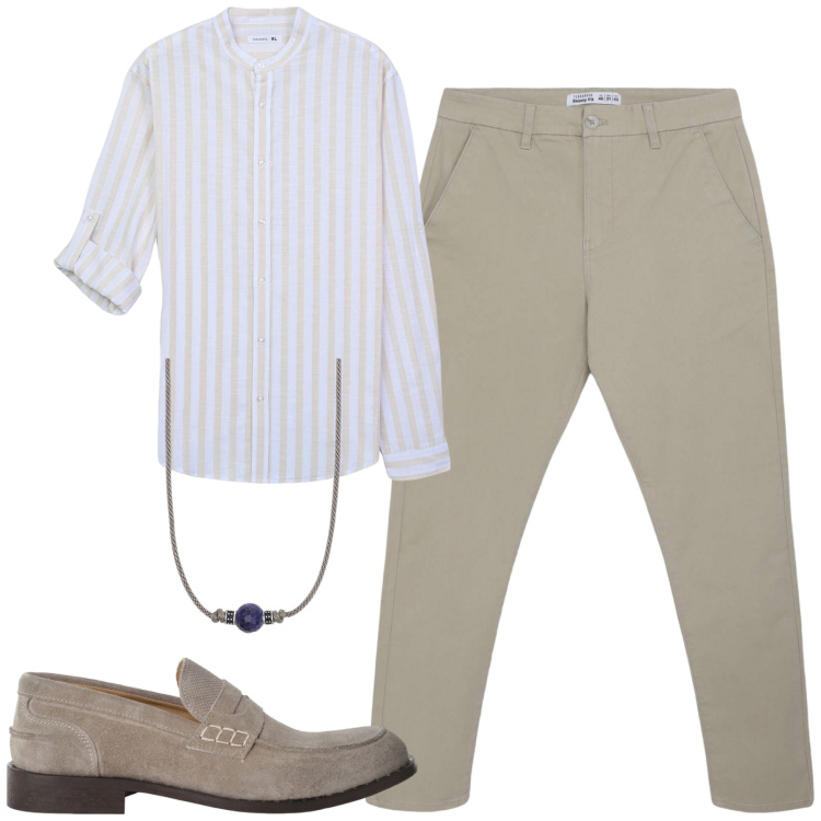 Outfit uomo - Serata. Stile Trendy per Serata speciale. Abbinamento con pantaloni chino, camicie, collane, scarpe stringate.