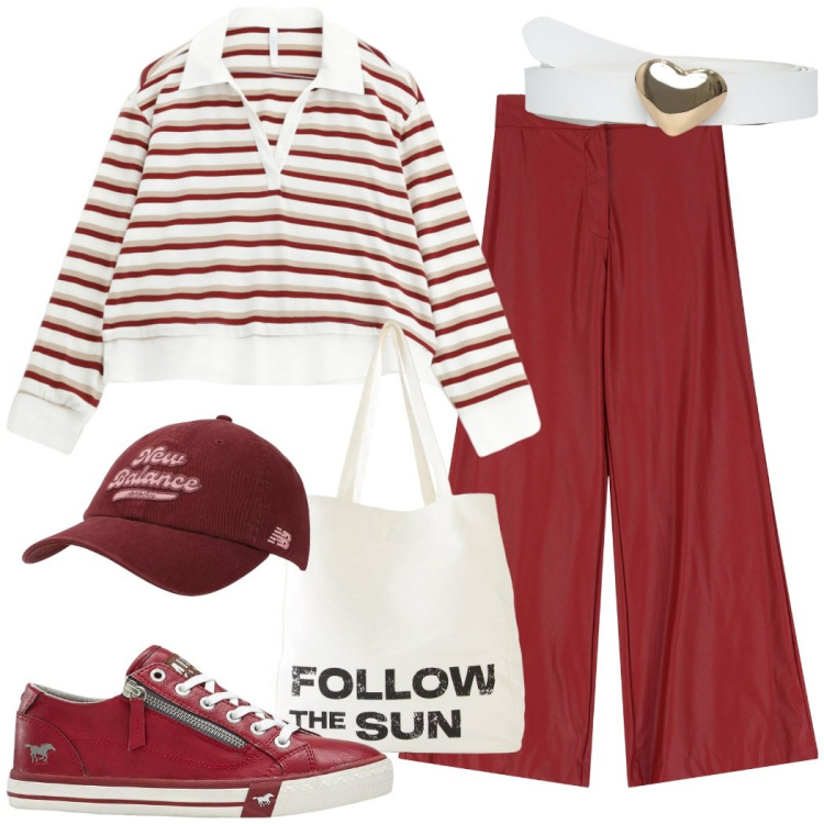 Outfit donna - Urban style in bianco e rosso. Stile Urban per Tutti i giorni. Abbinamento con sneakers, shopping bag, cinture, cappelli con visiera, maglieria, pantaloni a palazzo.