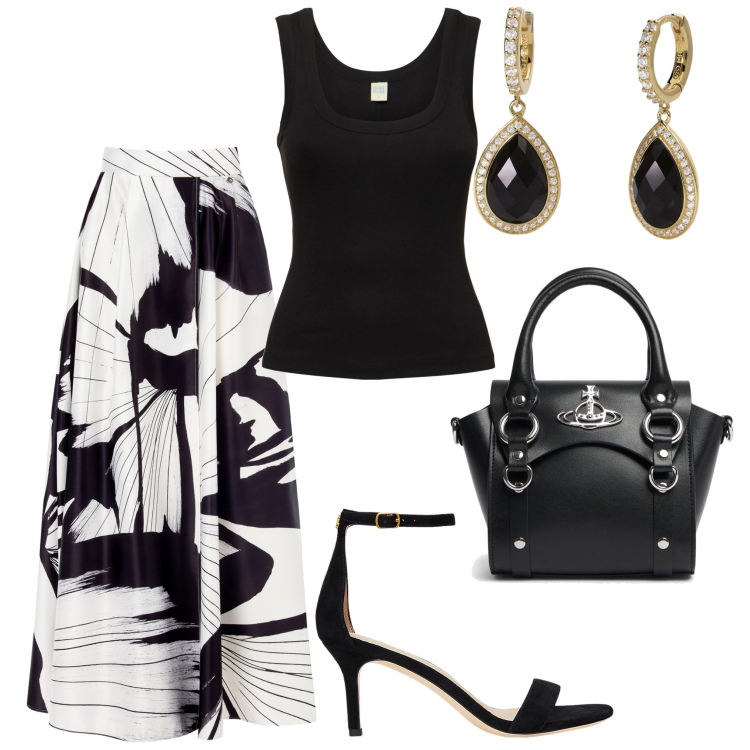 Outfit donna - Una gonna per luglio. Stile Casual chic per Serata fuori. Abbinamento con orecchini, gonne lunghe, sandali in pelle, borse a mano, top.