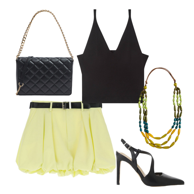 Outfit donna - Una gonna per luglio 2. Stile Casual chic per Serata fuori. Abbinamento con top, borse a tracolla, minigonne, décolleté, collane.
