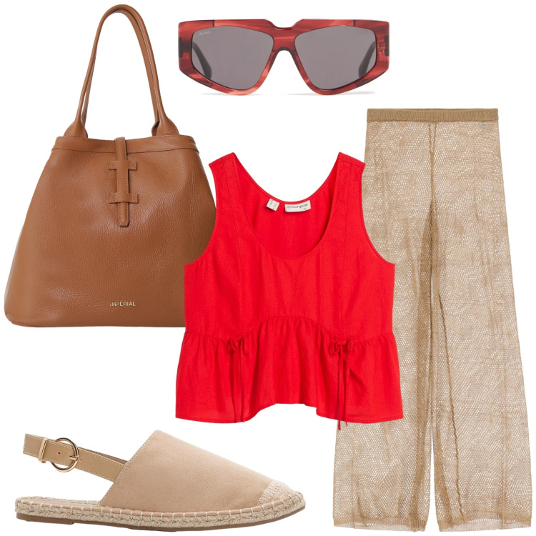 Outfit donna - Il top color red. Stile Glamour per Tutti i giorni. Abbinamento con top, espadrillas, pantaloni, borse tote, occhiali da sole.