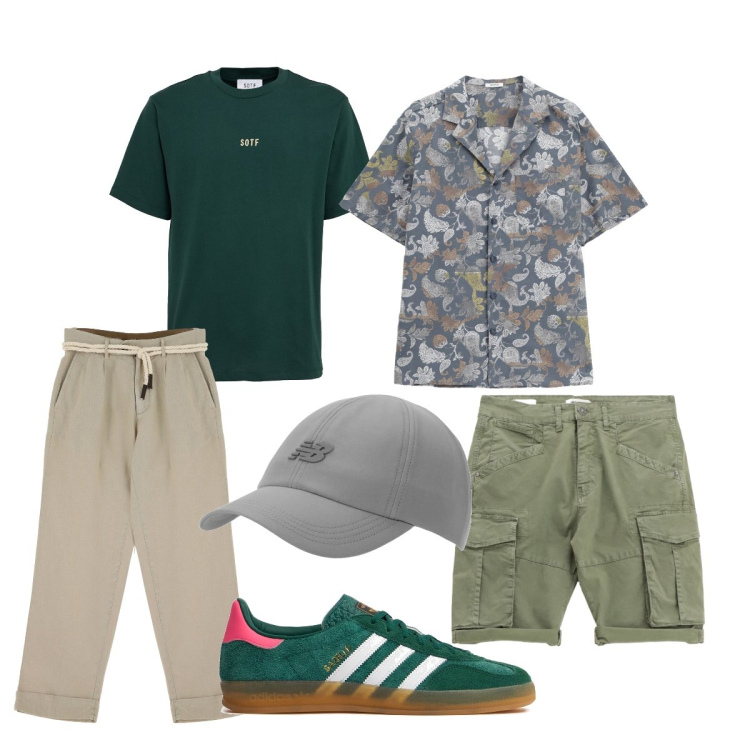 Outfit uomo - Long Week-end. Stile Casual per Tutti i giorni. Abbinamento con cappelli con visiera, pantaloni chino, camicie a manica corta, bermuda, sneakers, t-shirt.