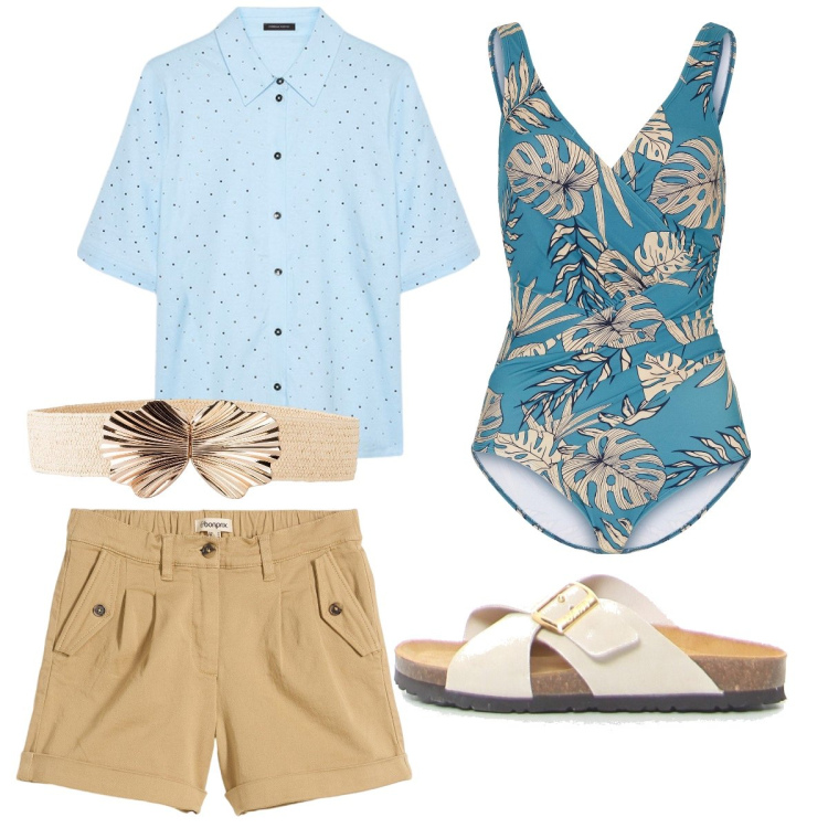 Outfit donna - Curvy in spiaggia. Stile Bon Ton per Mare. Abbinamento con cinture, shorts, costumi interi, ciabatte, camicie a manica corta.