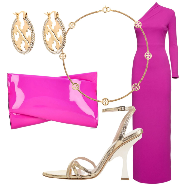 Outfit donna - Fuchsia Diva. Stile Glamour per Serata fuori. Abbinamento con sandali col tacco, orecchini, pochette, collane, vestiti asimmetrici.